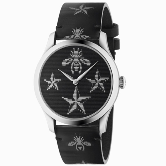 Authentic New GUCCI G-Timeless Bee and Star Motif Black Dial Leather Strap - Picture 1 of 12